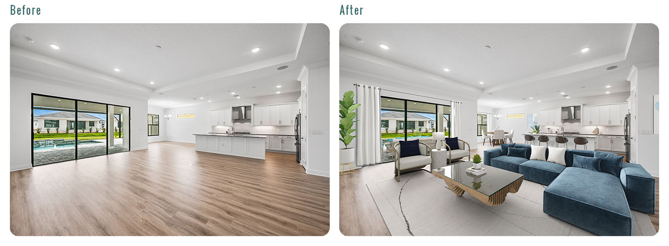 A Picture showing the before-after comparison of a virtually staged picture of the living room, and dining.