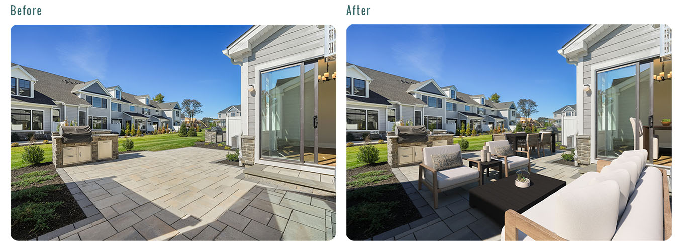 A Picture showing the before-after comparison of a virtually staged picture of the backyard patio.