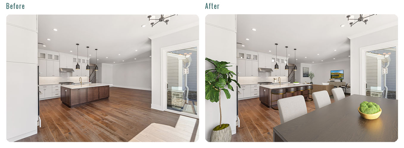 A Picture showing the before-after comparison of a virtually staged picture of the dining, and Kitchen.