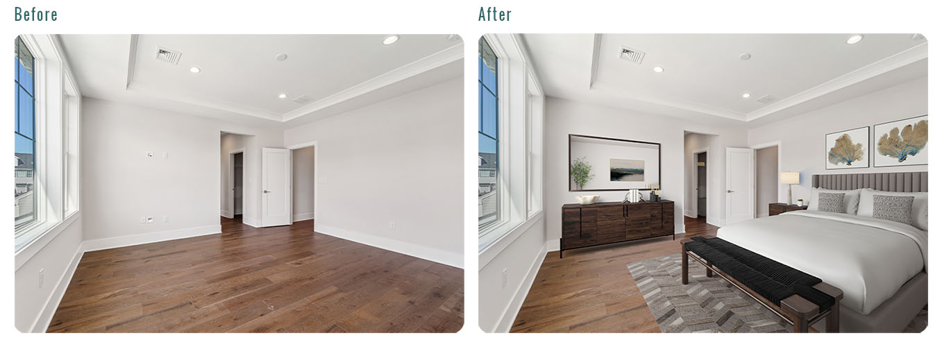 A Picture showing the before-after comparison of a virtually staged picture of the master bedroom.